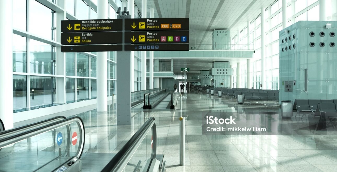 Large airport terminal with no people in sight. In 2010 several airports in Europe were closed due to the ash clouds created by a volcano in Iceland. A new volcano eruption in May 2011 also has the potential to shut down some of the air traffic in Europe and across the Atlantic.