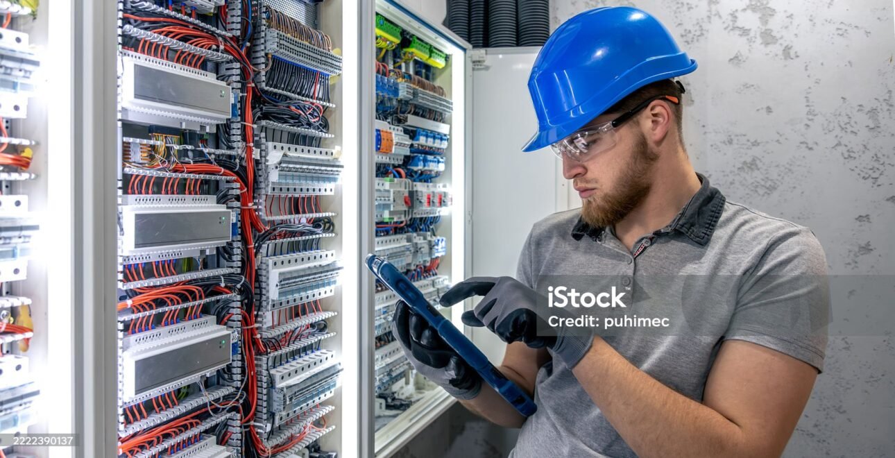 A man in protective gear observes a power panel without physical interaction. Technical environment, artificial lighting, and focused engineering control.