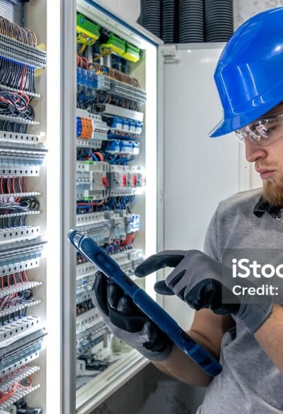A man in protective gear observes a power panel without physical interaction. Technical environment, artificial lighting, and focused engineering control.