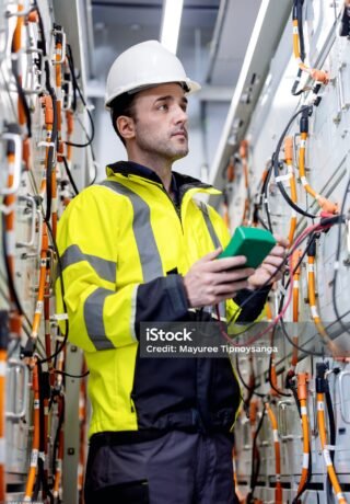 A senior electrical engineer performs voltage testing on a battery charge controller using a digital multimeter. This critical check verifies charging conditions to optimize battery health and ensure long-term device reliability.